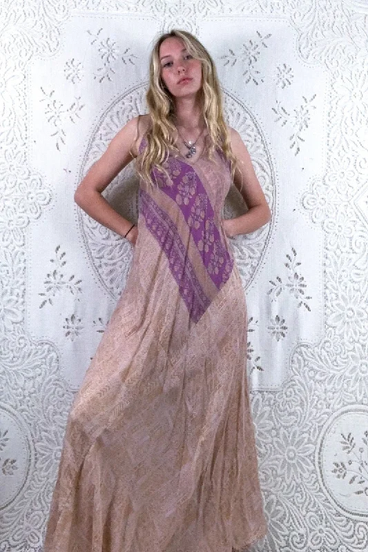 Siren Maxi Dress - Powdered Peach & Lilac Wildflower - Vintage Indian Silk - XS-L Fashionable Halter Neck Maxi Dress Siren Maxi Dress - Powdered Peach & Lilac Wildflower - Vintage Indian Silk - XS-L Fashionable Halter Neck Maxi Dress