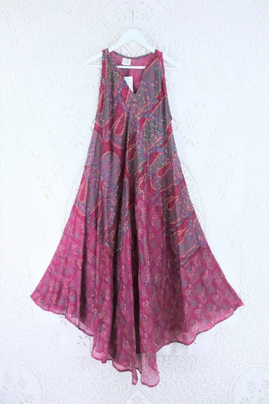 Siren Maxi Dress - Raspberry Pink & Jade Paisley - Vintage Indian Silk - XS-M/L Cozy Ribbed Maxi Dress Siren Maxi Dress - Raspberry Pink & Jade Paisley - Vintage Indian Silk - XS-M/L Cozy Ribbed Maxi Dress