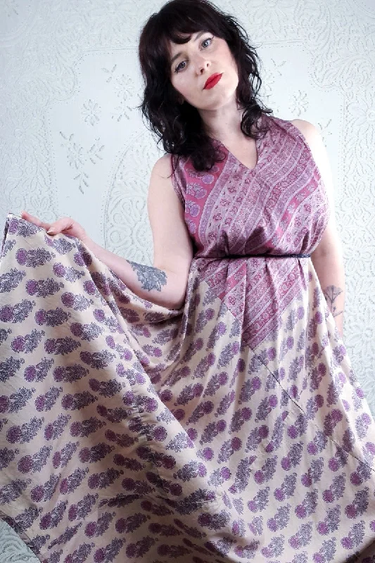 Siren Maxi Dress - Rosehip & Ivory Wildflower Block Print - Vintage Indian Silk - XS-M/L Classic Solid Maxi Dress Siren Maxi Dress - Rosehip & Ivory Wildflower Block Print - Vintage Indian Silk - XS-M/L Classic Solid Maxi Dress
