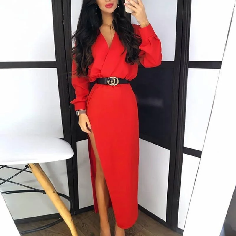 FashionSierra - Solid Long Sleeve Slit Maxi Dress Women V Neck Red Black White Long Dress Casual Loose Spring Plunge Dresses Robe Femme Fashionable Faux Wrap Maxi Dress FashionSierra - Solid Long Sleeve Slit Maxi Dress Women V Neck Red Black White Long Dress Casual Loose Spring Plunge Dresses Robe Femme Fashionable Faux Wrap Maxi Dress