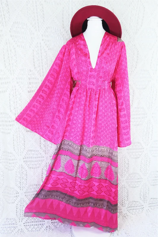 Stevie Maxi Dress - Vintage Indian Sari - Fuchsia & Slate Block Print - XS Chic Off-Shoulder Maxi Dress Stevie Maxi Dress - Vintage Indian Sari - Fuchsia & Slate Block Print - XS Chic Off-Shoulder Maxi Dress