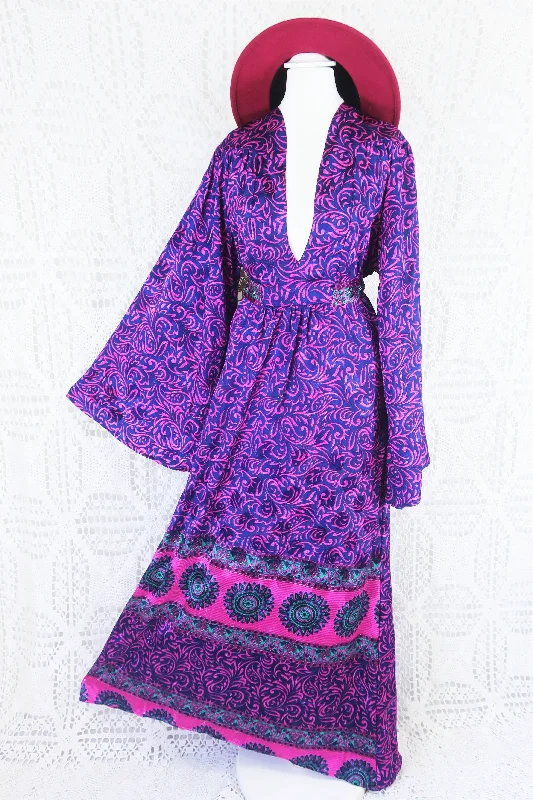 Stevie Maxi Dress - Vintage Indian Sari - Indigo & Magenta Floral - XS Elegant Pleated Maxi Dress Stevie Maxi Dress - Vintage Indian Sari - Indigo & Magenta Floral - XS Elegant Pleated Maxi Dress