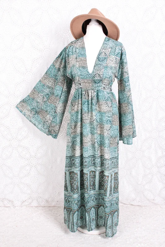 Stevie Maxi Dress - Vintage Indian Sari - Submerged Aqua Mosaic - XS Fashionable Off-Shoulder Maxi Dress Stevie Maxi Dress - Vintage Indian Sari - Submerged Aqua Mosaic - XS Fashionable Off-Shoulder Maxi Dress