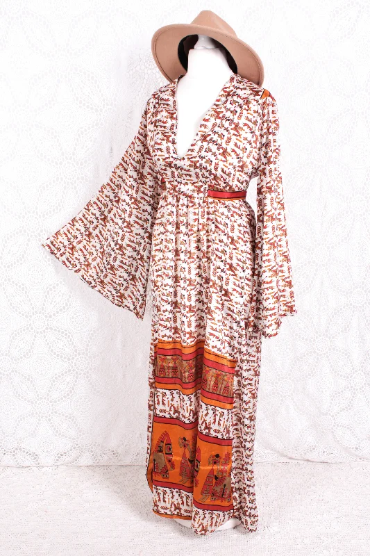 Stevie Maxi Dress - Vintage Indian Sari - Powder, Red & Amber Illustrations - XS Comfortable Maxi Dress with Belt Stevie Maxi Dress - Vintage Indian Sari - Powder, Red & Amber Illustrations - XS Comfortable Maxi Dress with Belt