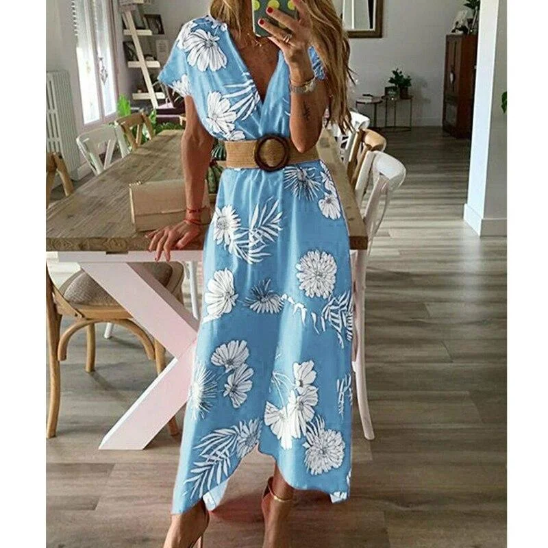 FashionSierra - Women V-neck Boho Floral Belted Maxi Dress Summer Ladies Casual Short Sleeve Party Beach Sundress Holiday Clothing Stylish One-Shoulder Maxi Dress FashionSierra - Women V-neck Boho Floral Belted Maxi Dress Summer Ladies Casual Short Sleeve Party Beach Sundress Holiday Clothing Stylish One-Shoulder Maxi Dress