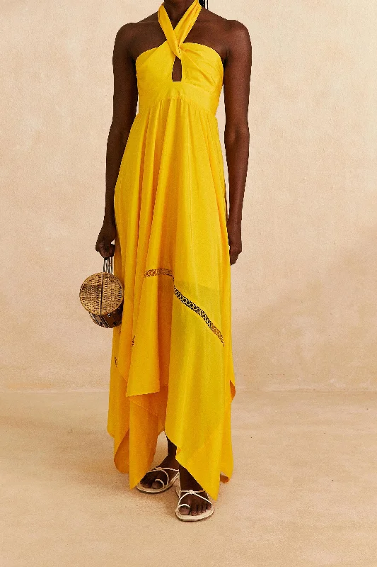 Yellow Sleeveless Maxi Dress Comfortable Plunging Neckline Maxi Dress