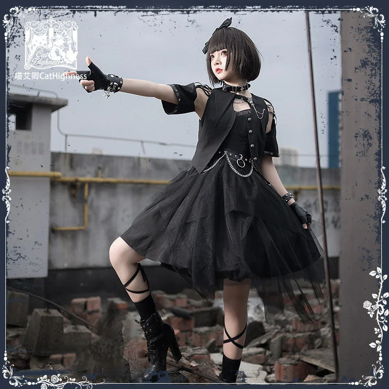 Black Raven Praise Punk Irregular Girl Skirt Dark Gothic Lolita One Piece lace skirt elegant