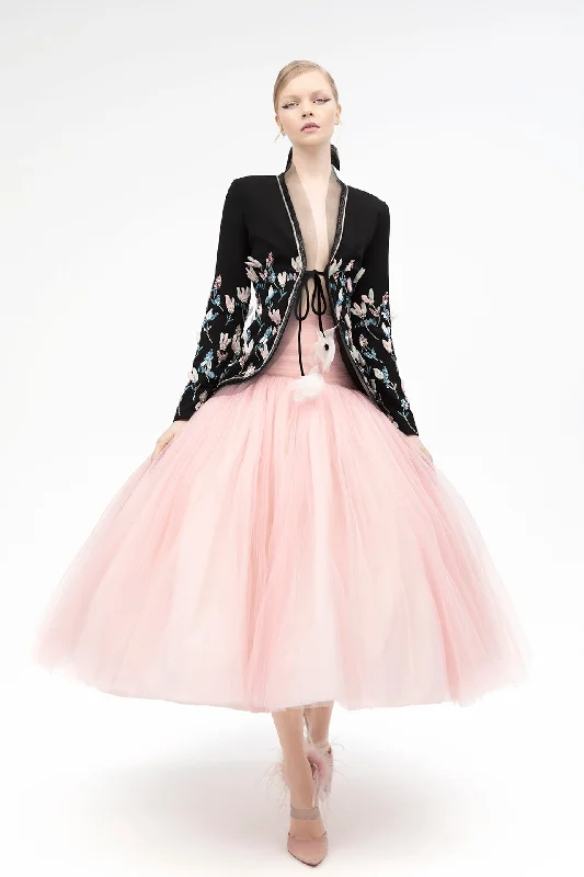 Embroidered jacket with pleated tulle skirt tiered skirt playful