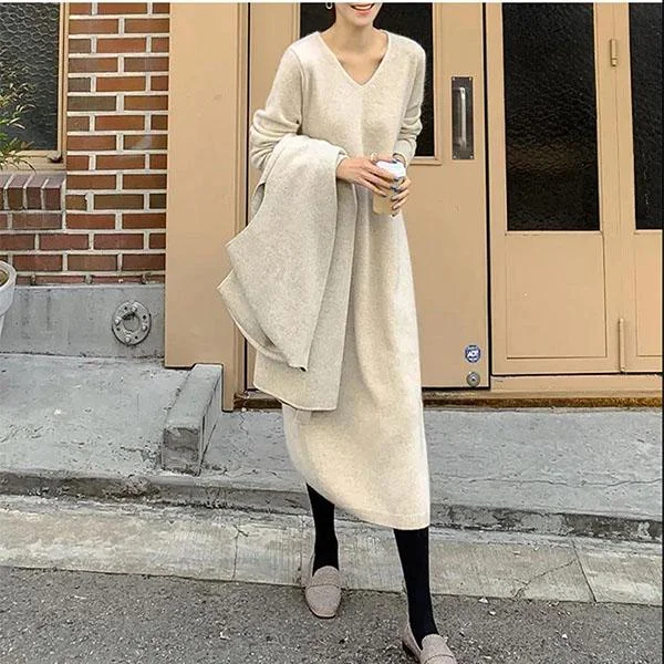 Autumn and Winter Long Sweater Skirt Over The Knee All-match Women's Pullover Long Sleeve Loose Large Size Sweater pleated skirt texture