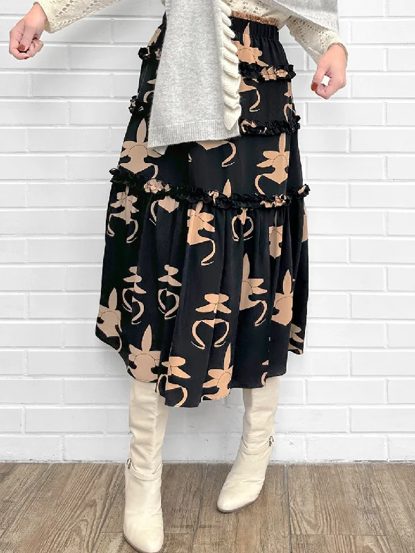 Orchid Print Ruffle Tiers Chiffon Silky Maxi Skirt leather skirt refined