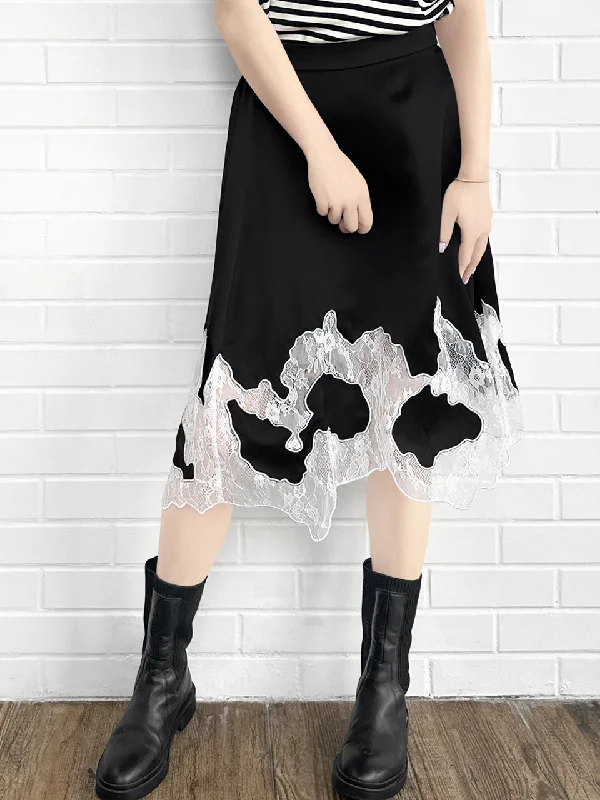 Black Silk Asymmetric Lace Trim Knee Length A-line Skirt denim skirt durable