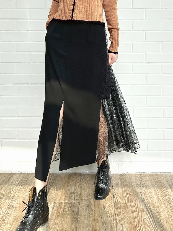 Black Slit Front Pencil Skirt With Pleated Lace Back leather skirt modern