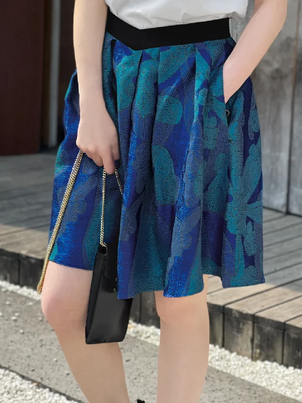 Last Chance! Blue Print V-waist Super Flare Jacquard Skirt velvet skirt luxury