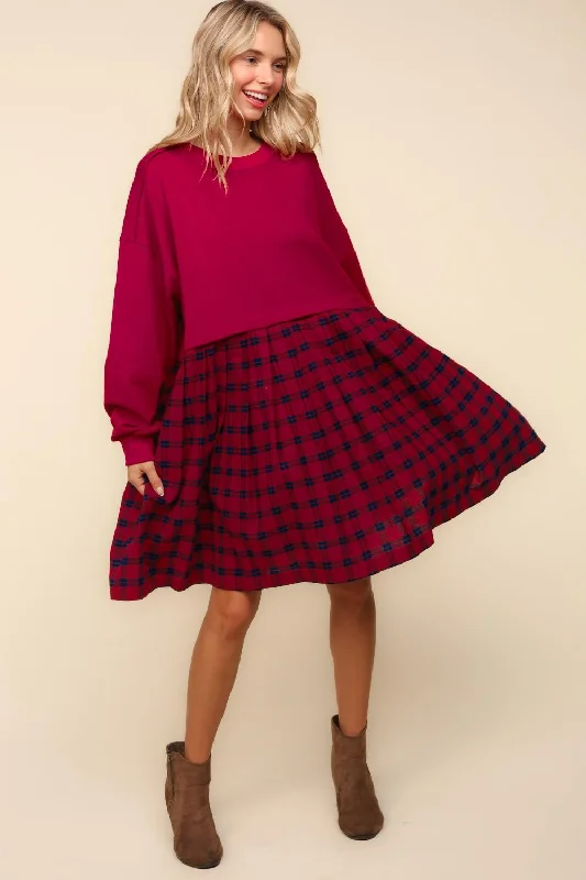 BURGUNDY BUBBLE LONG SLEEVE PLEATED SKIRT OVERSIZED silk skirt lustrous