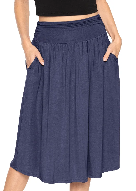 Casual Ruched Below Knee Length Midi Skirt with Pockets wool skirt warm