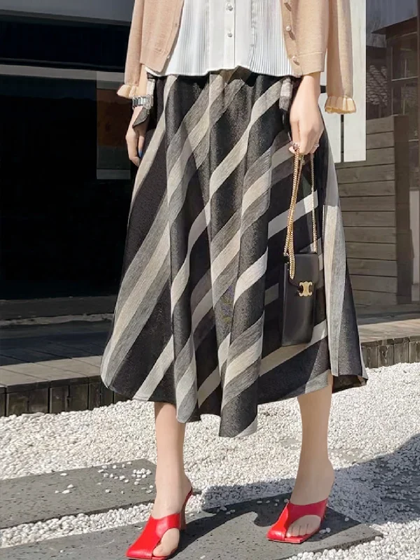 Surprise Sale! Velvet-Striped Denim Tie Bow Pockets Full Midi Skirt silk skirt elegant