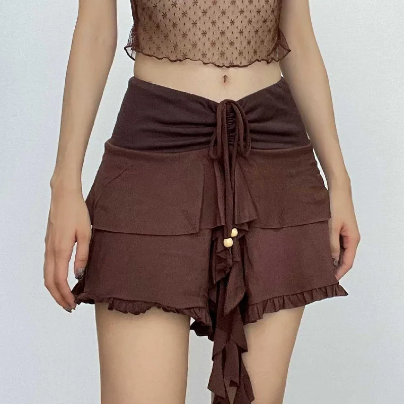 Drawstring ruffle patchwork A line mini skirt ruffled skirt detail