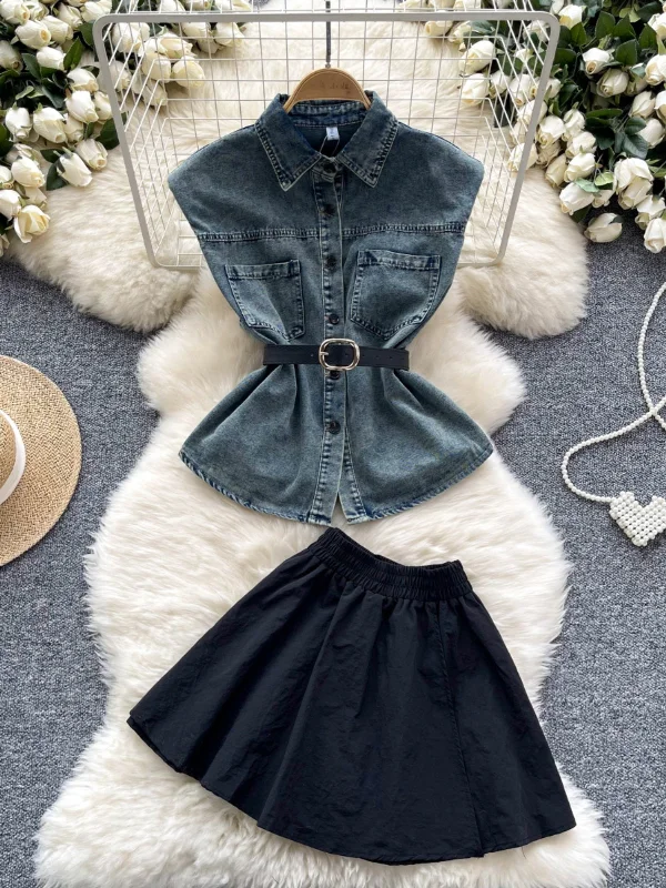 Effortless Style Denim Top Black Skirt Set velvet skirt plush