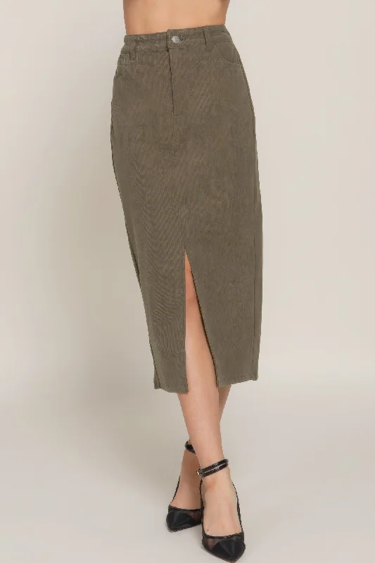 Front Open Slit Corduroy Midi Skirt pleated skirt texture