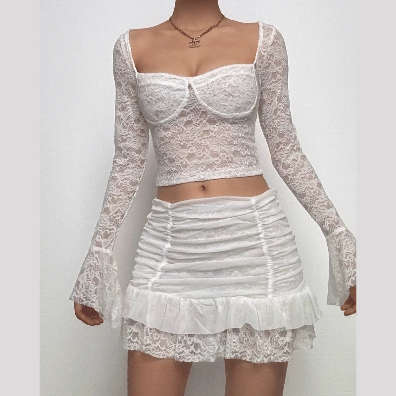 Long flared sleeve ruched lace sweetheart neck solid mini skirt set wool skirt breathable