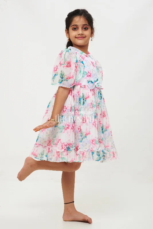 Pink Floral Georgette Printed Frock with Pleated Skirt and Puff Sleeves for Girls cotton skirt soft