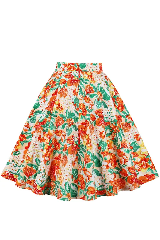 Orange Floral A-line Vintage Skirt satin skirt smooth