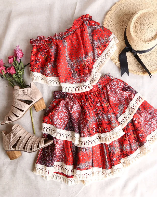 Paisley Printed Strapless Top Skirt Set with Tassel Trim in Red breathable skirt fabric