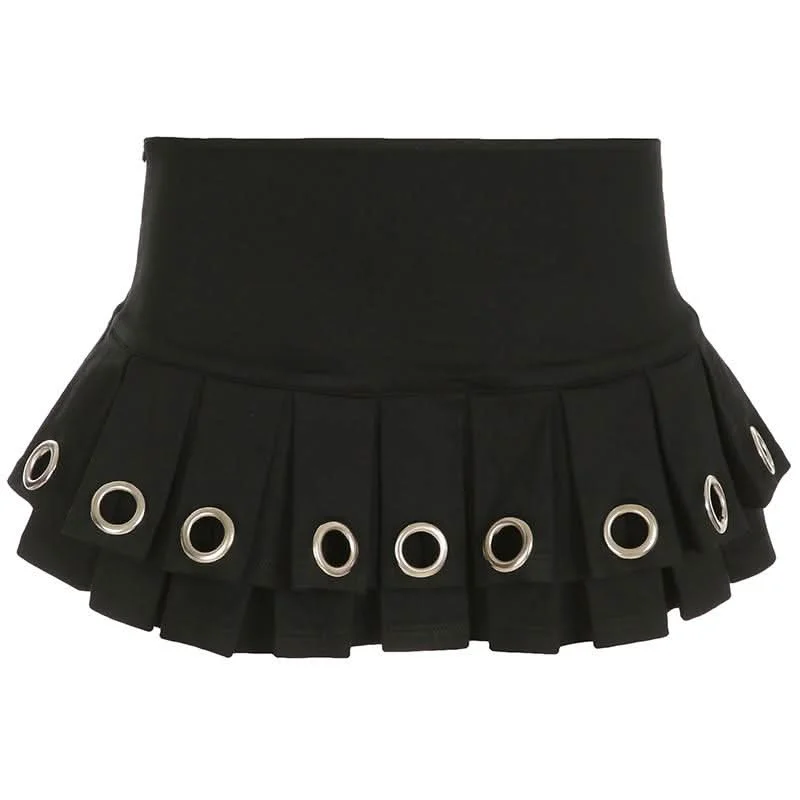 Pleated metal ring zip-up mini skirt zip skirt side