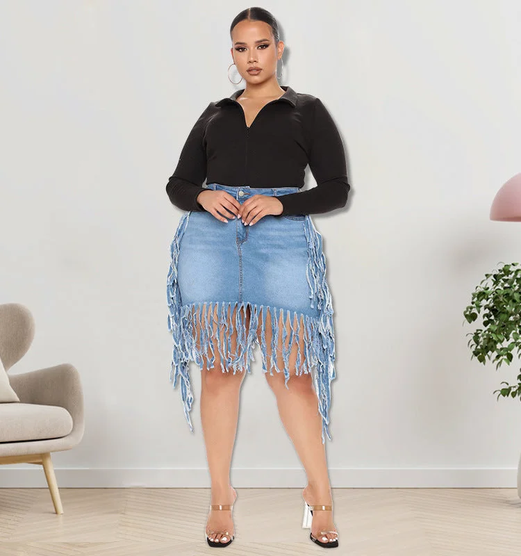 Plus Size Women Clothes Spring  Denim Skirt with Tassel patchwork skirt art