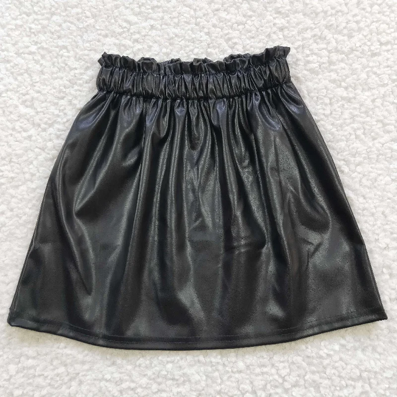 black leather Short skirt button skirt front