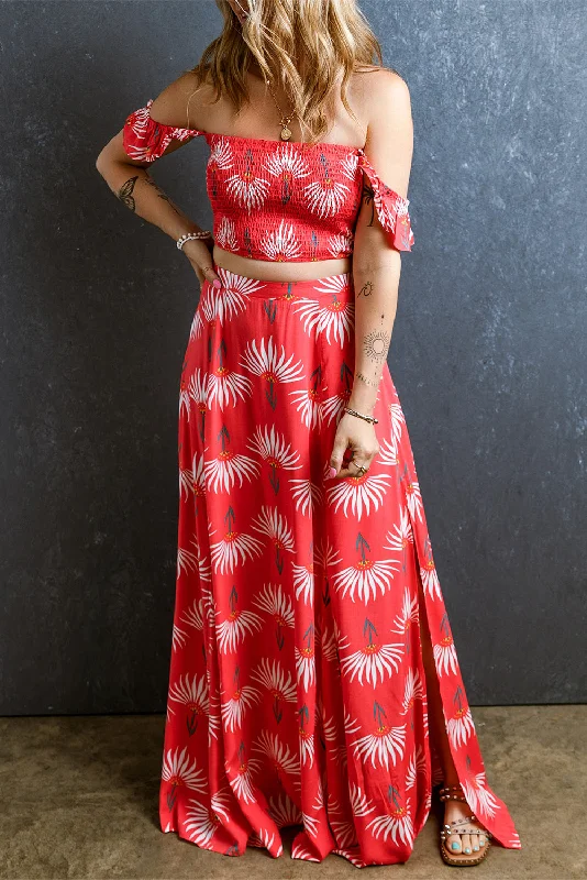 Red Floral Maxi Skirt Set denim skirt durable