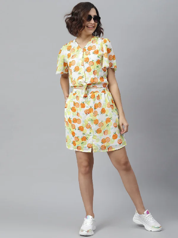 Lemon Orange Polyester Printedtie Knot Top & Attached Skirt linen skirt natural