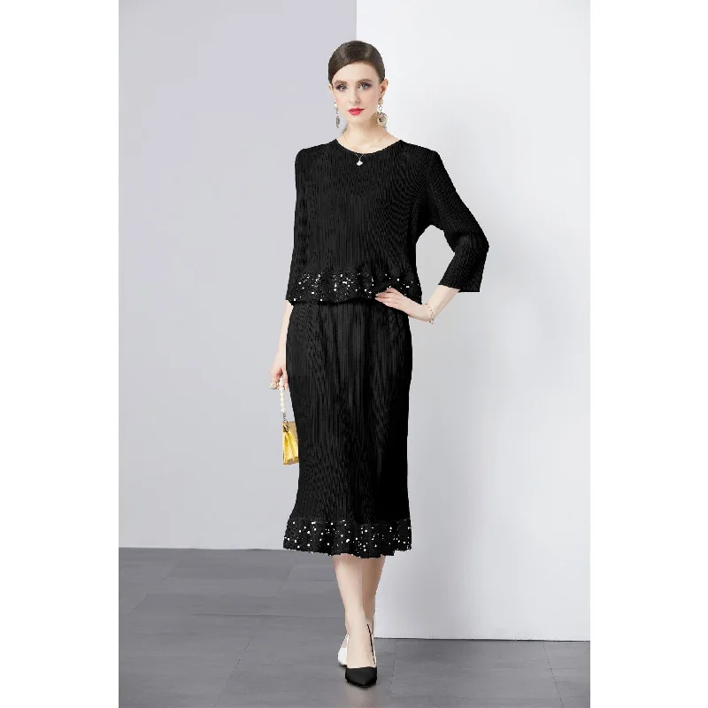 Three-quarter Sleeve Round Neck Solid Color Top Pleated Skirt Sequins velvet skirt sumptuous