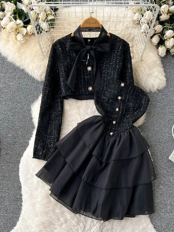 Two-Piece Black Ensemble Tiered Skirt ribbed skirt waist