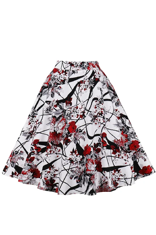 White A-line Short Skirt with Red Floral chiffon skirt delicate