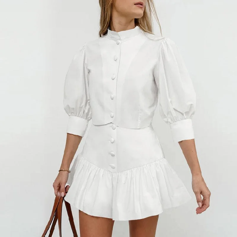 White Lantern Sleeve Shirt Short Skirt Two-piece Set For Women wrap skirt elegant