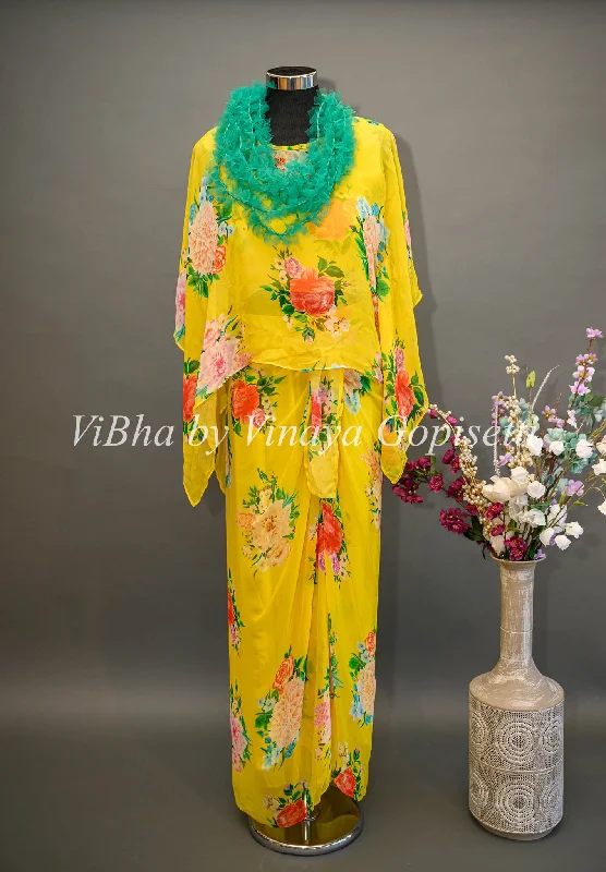 Yellow Floral Cowl Skirt with Detachable Cape and Frilled Stole breathable skirt fabric