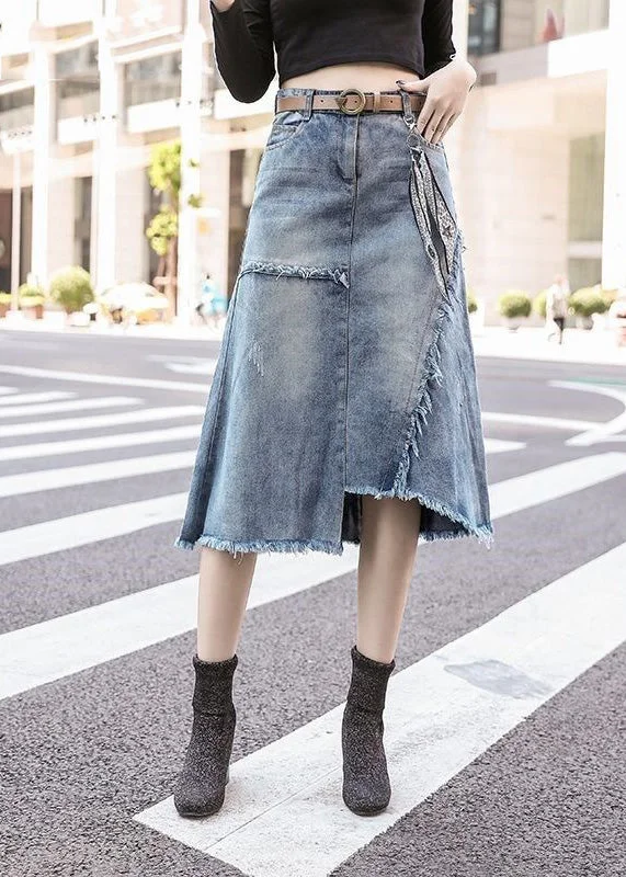 Art Light Blue Asymmetrical Patchwork High Waist Denim Skirt Summer tiered skirt playful