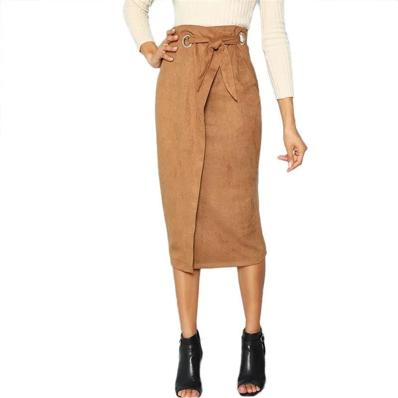 Brown Tie Waist Bodycon Zip Back Mid-Calf Wrap Knot Back Split Pencil Midi Skirt tiered skirt playful