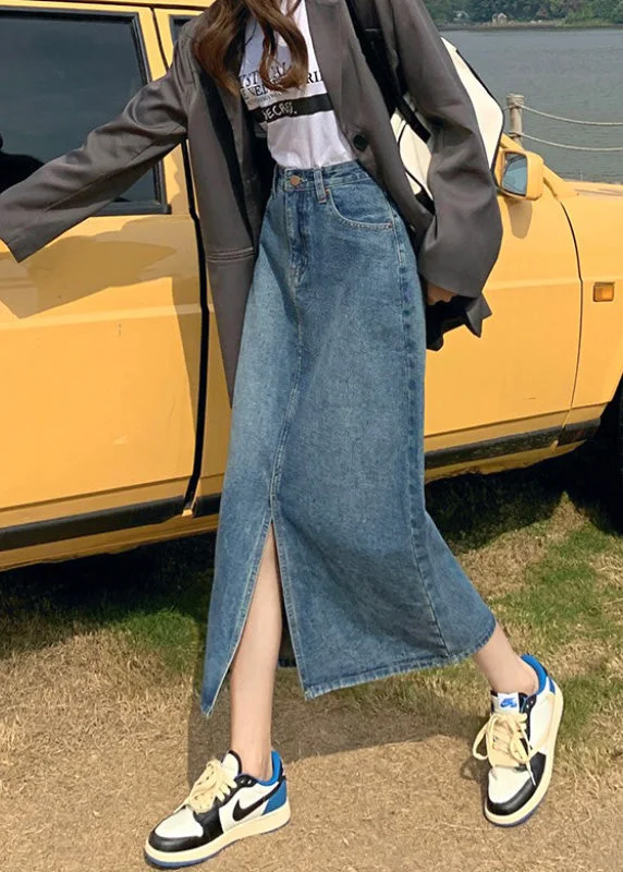 Casual Denim Blue High Waist Patchwork A Line Skirts Summer midi skirt versatile