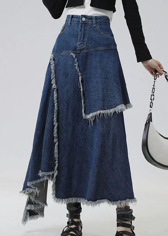 Slim Fit Navy Asymmetrical Patchwork Denim Skirt Summer cashmere skirt soft