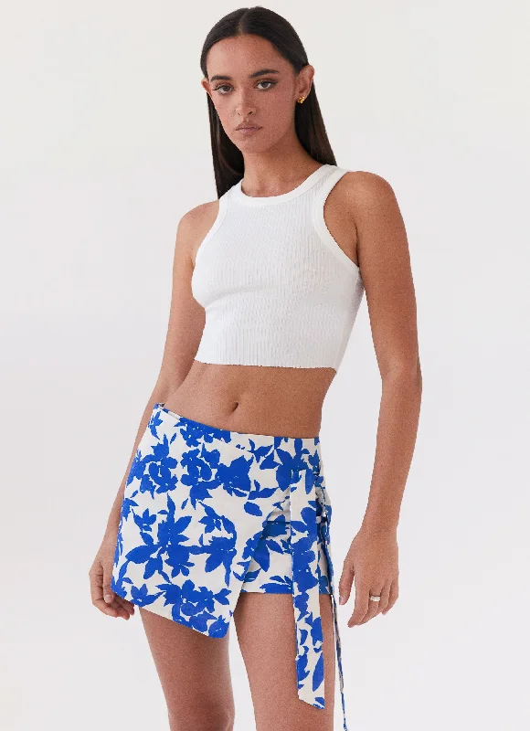 Steal Away Linen Wrap Skirt - Blue Floral leather skirt sleek