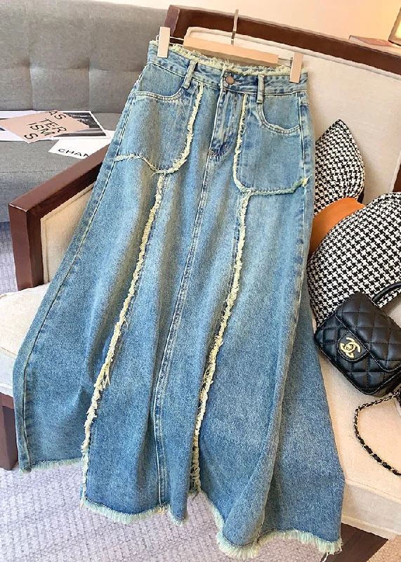 Stylish Blue Pockets High Waist Patchwork Denim Skirts Summer leather skirt bold