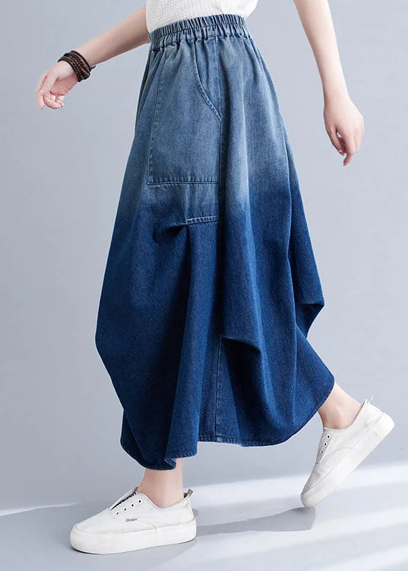 Stylish Blue Wrinkled Asymmetrical Pockets Patchwork Denim Skirts Summer chiffon skirt flowing