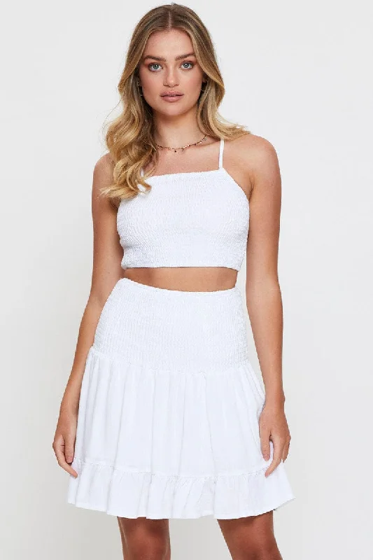 White Shirred Skater Mini Skirt wool skirt breathable