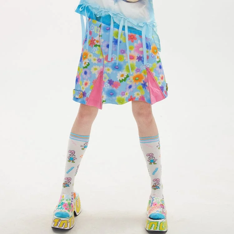 Women's Kawaii Floral Printed Zipper Skirt lace skirt romantic