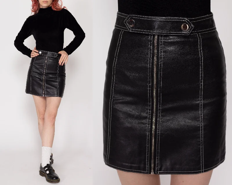 XXS-XS 90s Black Leather Zip Up Leather Mini Skirt silk skirt smooth